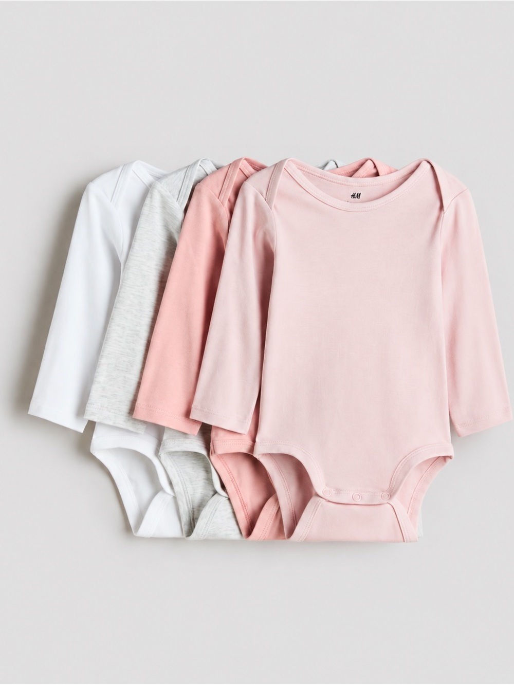 H&M Baby Long-Sleeve One-Piece Bodysuits - Pink, White, Light Gray (4-Pack)